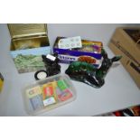 2x Tins of Buttons, Record Boxes, and Animal Ornaments