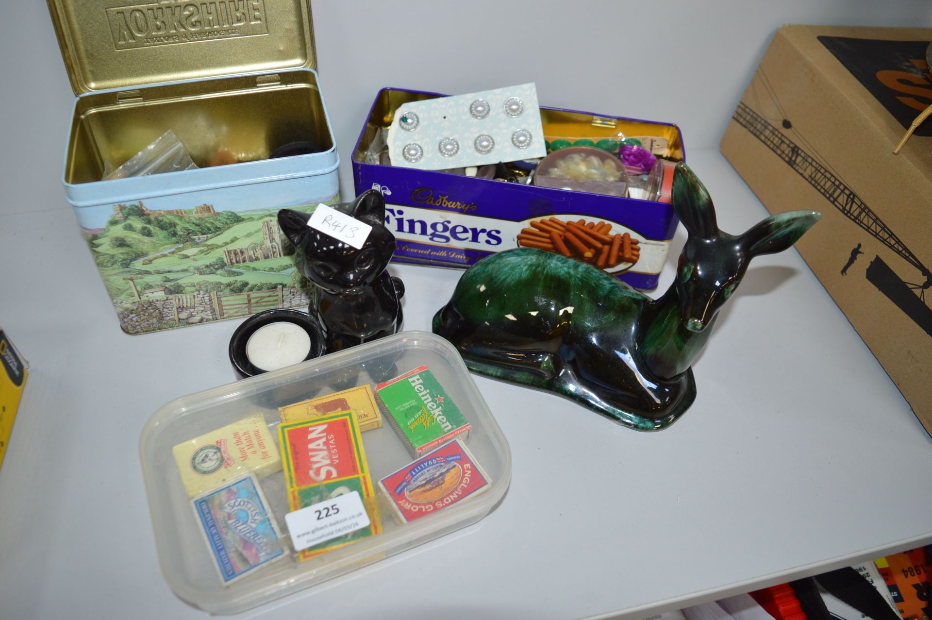 2x Tins of Buttons, Record Boxes, and Animal Ornaments