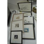 7x Small Framed Etchings and Cartoons