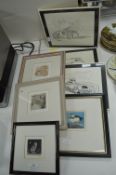 7x Small Framed Etchings and Cartoons