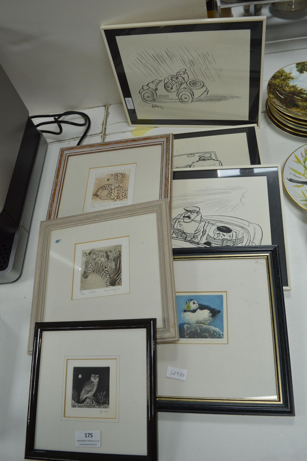 7x Small Framed Etchings and Cartoons