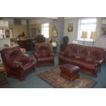 Burgundy Leather Three Piece Suite plus Footstool