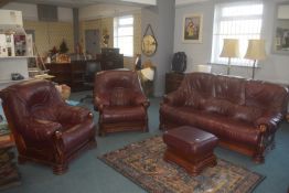 Burgundy Leather Three Piece Suite plus Footstool