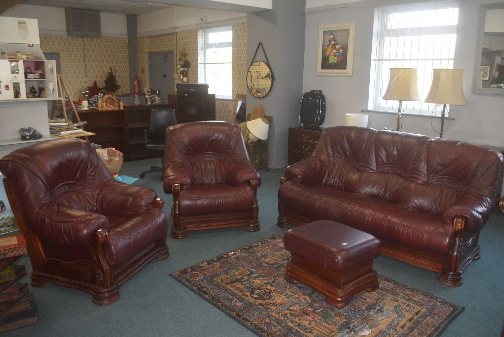 Burgundy Leather Three Piece Suite plus Footstool