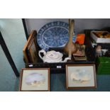 Vintage Items Including Possers, Meat Plate, Framed Watercolours, etc.