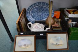 Vintage Items Including Possers, Meat Plate, Framed Watercolours, etc.