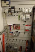 *Contents of Wall Board to Include Various Epoxy Glues, Carabiners, Stainless Steel Hinges, Drill