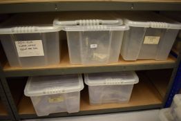 *5x Boxes of Assorted Poly Clear Hinges, Fixings, etc.