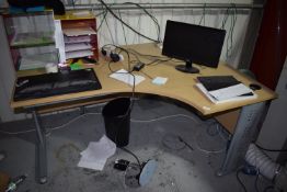 *L-Shape Worktable with Righthand Return, Perspex Filing Units, and Flatscreen Monitors