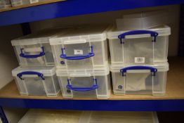 *6x Tough Crates Containing Assorted Hinges, Fixings, Locks, etc.