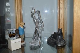 Baccarat Glass Figure of a Female Golfer, plus Dog Golfer, Water Pit Pony, and a BP Oil Paperweight