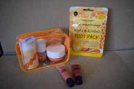 Salted Caramel Travel Set, Honey & Almond Foot Pack, and 2x Lip Glosses