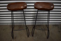 2x Wooden Saddle Seat Kitchen Bar Stools with Black Metal Frame