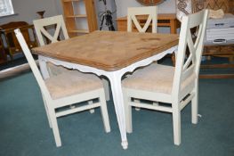 Shabby Chic White Painted Extending Dining Table with Oak Parquet Top and 4x Cream Upholstered
