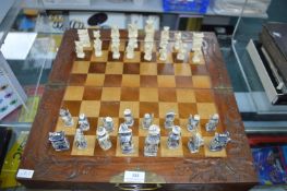 Chinese Carved Wooden Chessboard Box with Polyresin Chess Pieces