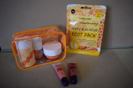 Salted Caramel Travel Set, Honey & Almond Foot Pack, and 2x Lip Glosses