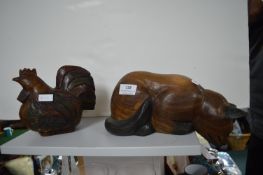 Carved Wooden Cat & Chicken Ornament