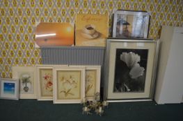Assorted Framed Pictures and Prints plus Brass Chandelier