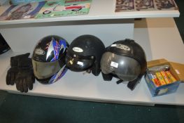 3x Motorcycle Helmets, Leather Gloves, and Motorbike Spark Plugs