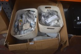 *Box of Assorted Pump Bottles, Cabinet Feet, Picture Hooks, Bannister Handles, etc.