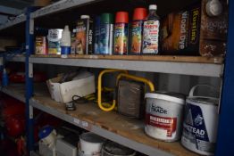 *Contents of Three Shelves to Include 240v Work Light, Wood Dye, Super Gloss Plasti Coat in Red, and