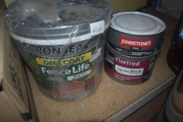 *5L of Ronseal One Coat Fence Life, and a Tin of Johnstone’s Flortred Tile Red Performance Coating