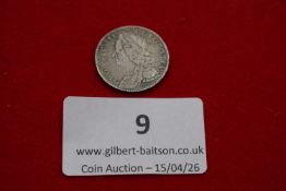 George II silver shilling, 1757. Laureate bust right; rev. crowned cruciform shields with central