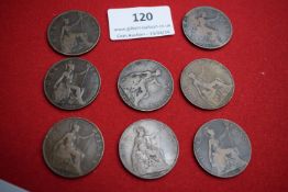 Nine Edward VII pennies dated 1902–1908 (various). Mixed condition.