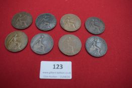 Eight Edward VII pennies dated 1902–1908 (various). Mixed condition.