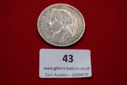 France silver 5 francs, Napoleon III, 1868. Laureate head left; rev. imperial arms with
