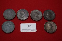 George III copper pennies (7), late 18th century issues including 1799. Laureate bust right; rev.