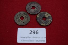 Three Chinese cash coins with square central holes, Qing dynasty types. Circulated. (3)