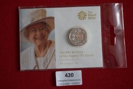 Royal Mint 2016 Queen Elizabeth II 90th Birthday £20 fine silver coin, Brilliant Uncirculated, in