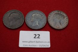 Victoria copper pennies (3), 1841, 1853 and 1857. Young head left; rev. Britannia seated with