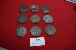 Nine Edward VII pennies dated 1902–1908 (various). Mixed condition.
