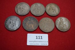Eight George V pennies dated 1920–1922 and 1926–1929. Mixed condition.