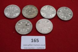 Group of six British silver florins comprising George V and George VI issues including 1914, 1923,