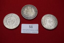Mixed silver coins (3): United States Trade Dollar, 1877; United States Indian Head cents (2),