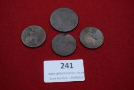 Group of four British copper coins. Including George III and later issues with Britannia reverses,