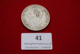 Spain silver 5 pesetas, Alfonso XII, 1873. Bare head left; rev. crowned Spanish arms within legend