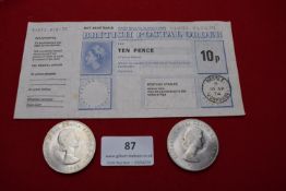 Commemorative crowns (4) and postal order. Comprising two Elizabeth II Churchill crowns, two 1965