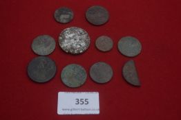 Mixed group of dug and worn copper coins and tokens, poor condition, includes damaged examples.