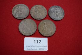 Five George V pennies dated 1920, 1921, 1926, 1927 and 1929.