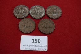Five Elizabeth II halfpennies dated 1954. Mixed condition.