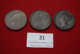 Victoria copper pennies (3), 1862–1864. Young head left; rev. Britannia seated with trident and