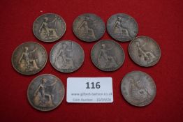 Ten George V pennies dated 1911–1918 (various). Mixed condition.
