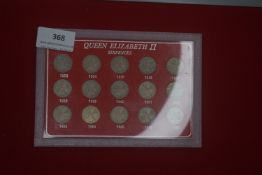 Elizabeth II sixpence set, 1953–1967, housed in a display case, generally circulated condition.