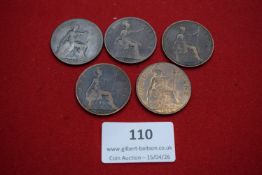 Five Victorian bronze pennies dated 1895, 1895, 1896, 1898 and 1899