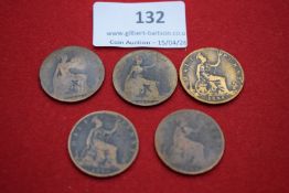 Five Victorian halfpennies including an 1888 example and others worn. Mixed to poor condition.