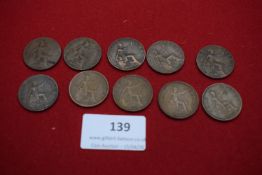 Ten George V bronze pennies (various dates). Mixed condition.